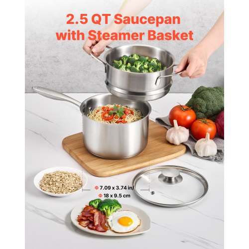 2.5 QT Saucepan with Steamer Stainless Steel Saucepan with Glass Lid