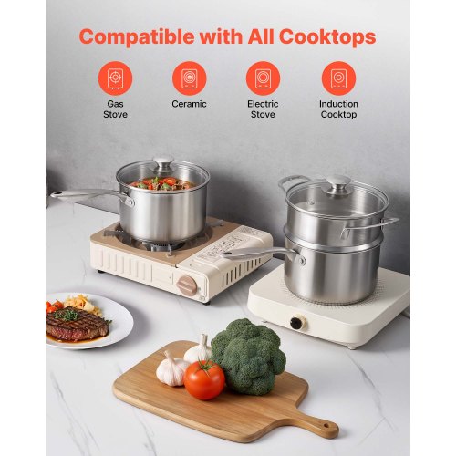 2.5 QT Saucepan with Steamer Stainless Steel Saucepan with Glass Lid