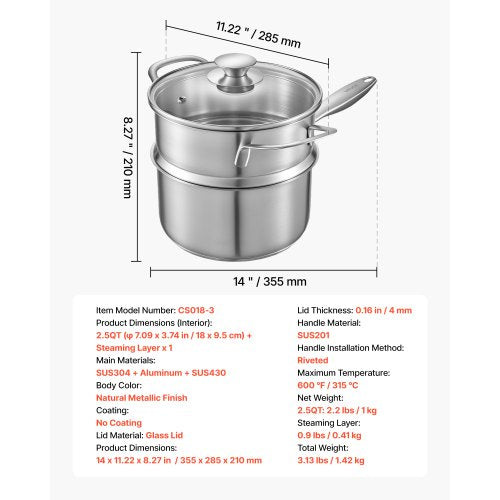 2.5 QT Saucepan with Steamer Stainless Steel Saucepan with Glass Lid