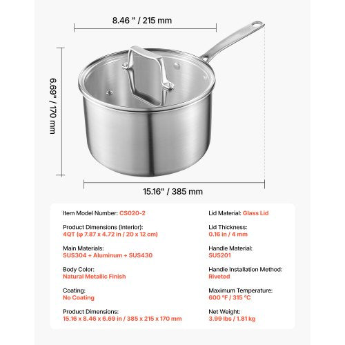 4 QT Saucepan Stainless Steel Saucepan with Glass Lid Multipurpose
