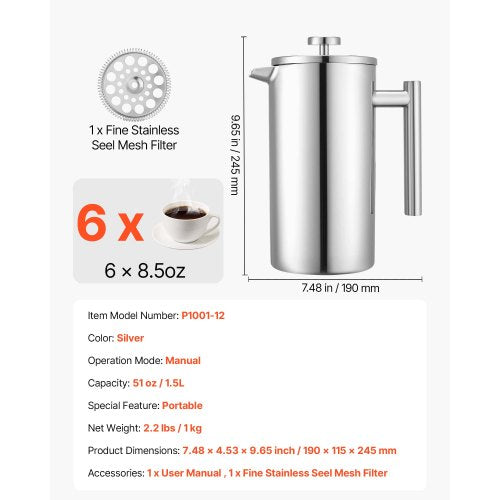 French Press Coffee Maker 51 Ounce 1.5 Liter Stainless Steel Coffee Press