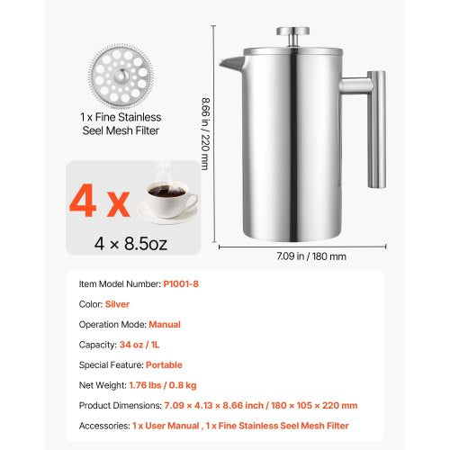 French Press Coffee Maker 34 Ounce 1 Liter Stainless Steel Coffee Press Tea