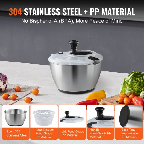 Stainless Steel Salad Spinner 475Qt Onehanded Easy Press Large Vegetable