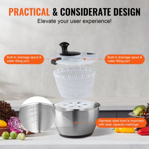 Stainless Steel Salad Spinner 475Qt Onehanded Easy Press Large Vegetable
