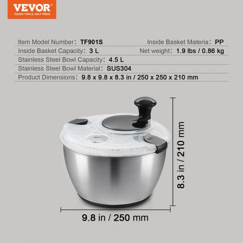 Stainless Steel Salad Spinner 475Qt Onehanded Easy Press Large Vegetable