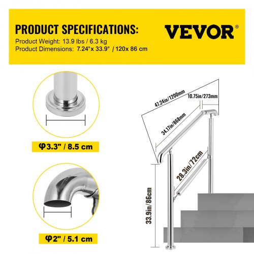 Stainless Steel Transitional Handrail fit for Level Surface and 2 to 3