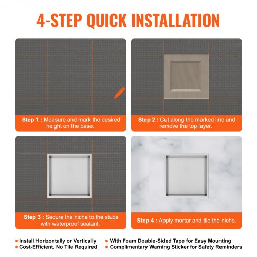13x13 No Tile Shower Niche 304 Stainless Steel WallInserted Niche