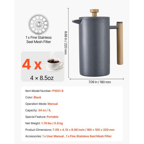 French Press Coffee Maker 34 Ounce 1 Liter Stainless Steel Coffee Press Tea