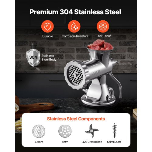 Manual Meat Grinder 304 Stainless Steel Hand Meat Grinder with Suction Cup