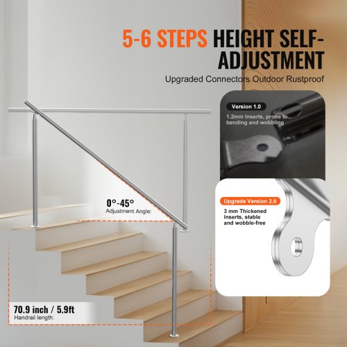 Handrails for Outdoor Steps 70.9 in 180cm Length Stair Hand Rail Kit