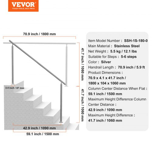 Handrails for Outdoor Steps 70.9 in 180cm Length Stair Hand Rail Kit