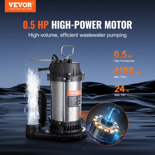 Submersible Sewage Pump 05HP 4188GPH Cast Iron Sewage Water Pump with 24