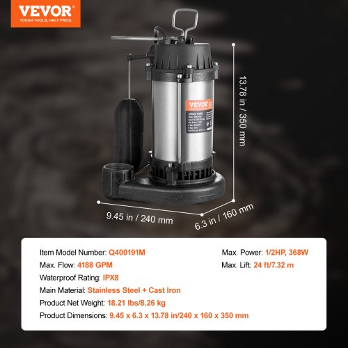 Submersible Sewage Pump 05HP 4188GPH Cast Iron Sewage Water Pump with 24