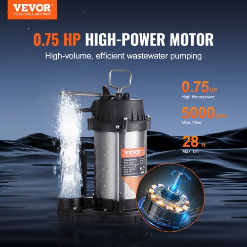 Submersible Sewage Pump 075HP 5000 GPH Cast Iron Sewage Water Pump with 28 ft
