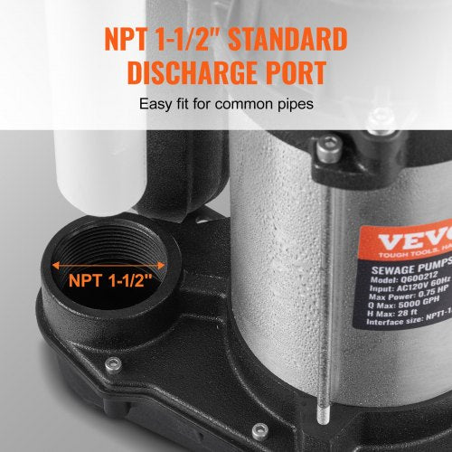 Submersible Sewage Pump 075HP 5000 GPH Cast Iron Sewage Water Pump with 28 ft