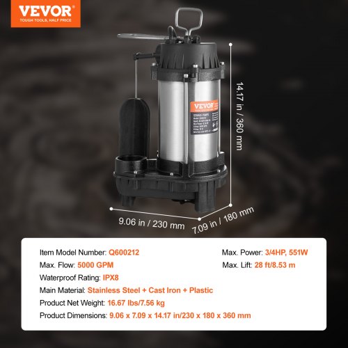 Submersible Sewage Pump 075HP 5000 GPH Cast Iron Sewage Water Pump with 28 ft