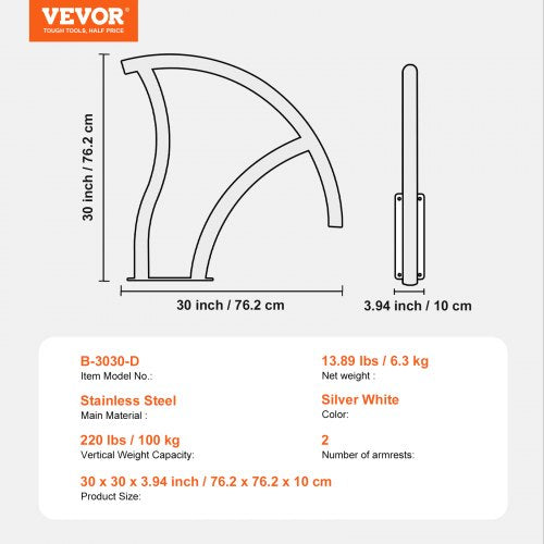 Pool Handrail 2 PCS 30x30 in Pool Railing Stainless Steel with Base Plate