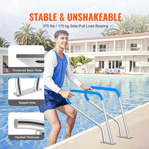 Pool Handrail 39 x 32 inch Pool Railing Stainless Steel with Base Plate