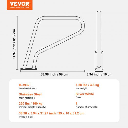 Pool Handrail 39 x 32 inch Pool Railing Stainless Steel with Base Plate