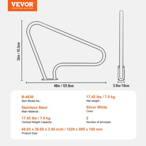 Pool Handrail 2 PCS 48x36in Pool Railing Stainless Steel with Base Plate