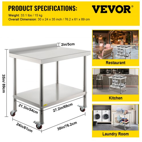 Stainless Steel Prep Table 30 x 24 x 35 Inch 440lbs Load Capacity Heavy