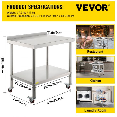 Stainless Steel Prep Table 36 x 24 x 35 Inch 440lbs Load Capacity Heavy