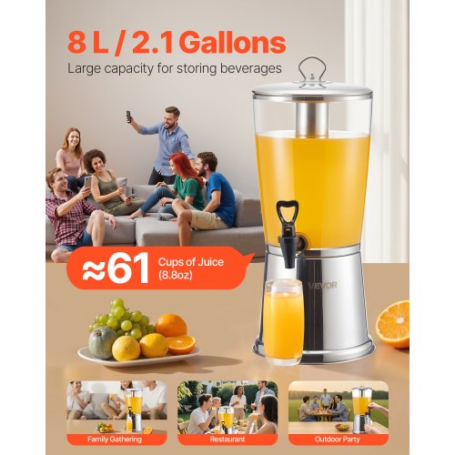 Beverage Dispenser 2.1 Gallon Drink Dispenser for Parties Stainless Steel