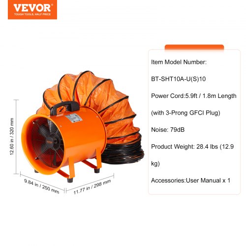 Portable Ventilator 10 inch Heavy Duty Cylinder Fan with 33ft Duct Hose