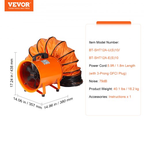 Portable Ventilator 12 inch Heavy Duty Cylinder Fan with 33ft Duct Hose