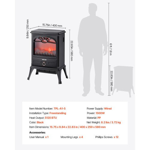 22.8inch Freestanding Fireplaces 1500W 5120BTU Portable Electric Fireplace