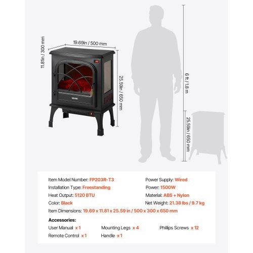 255inch Freestanding Fireplaces 1500W 5120BTU Portable Electric Fireplace