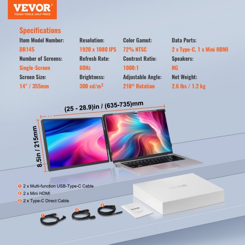 Portable Laptop Screen Extender 14 FHD 1080P IPS Dual Extended Monitor for 13