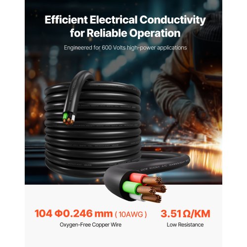 100 FT 10AWG Portable Power Cable 4 Conductor Heavy Duty 600V SOOW