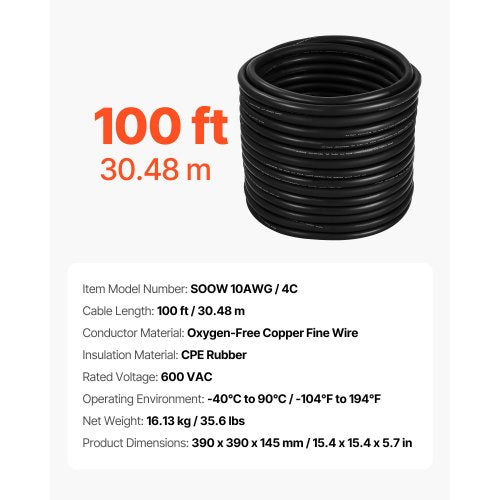 100 FT 10AWG Portable Power Cable 4 Conductor Heavy Duty 600V SOOW