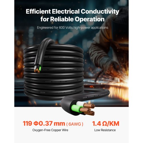 25 FT 6AWG Portable Power Cable 3 Conductor Heavy Duty 600V SOOW