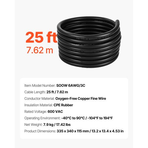25 FT 6AWG Portable Power Cable 3 Conductor Heavy Duty 600V SOOW