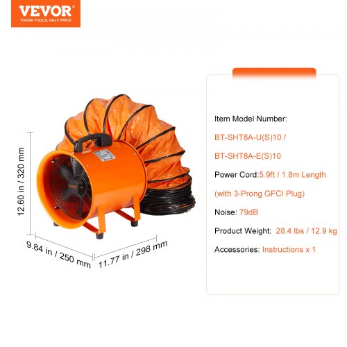 Portable Ventilator 8 inch Heavy Duty Cylinder Fan with 33ft Duct Hose