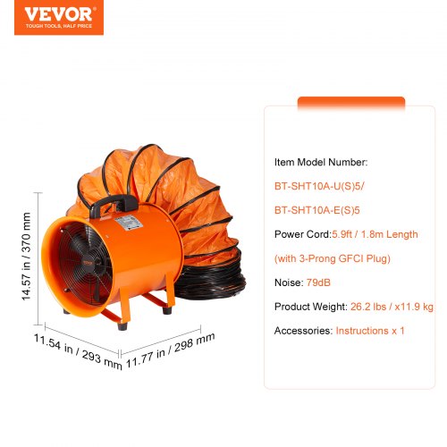 Portable Ventilator 10 inch Heavy Duty Cylinder Fan with 164ft Duct Hose