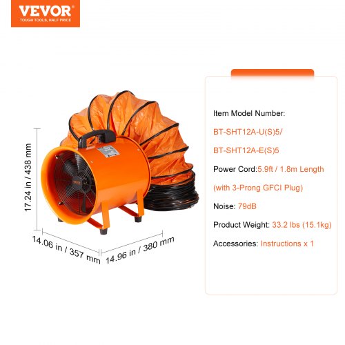 Portable Ventilator 12 inch Heavy Duty Cylinder Fan with 164ft Duct Hose
