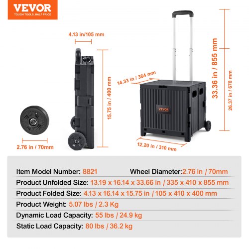 Foldable Utility Cart 80 lbs Load Capacity Folding Portable Rolling Crate
