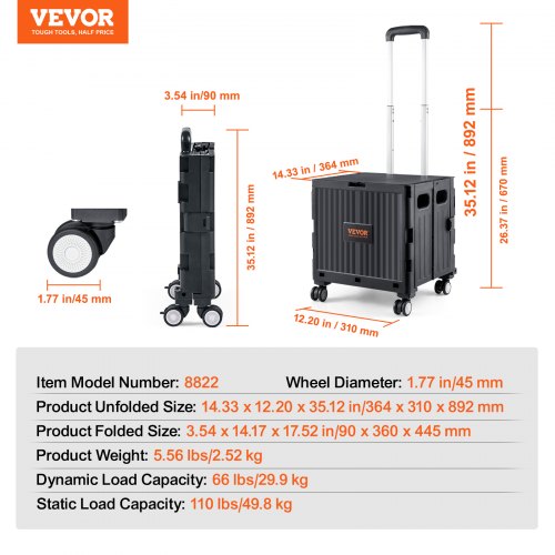 Foldable Utility Cart 110 lbs Load Capacity Folding Portable Rolling Crate