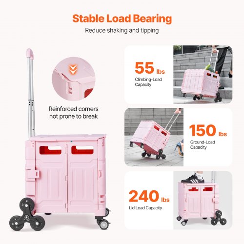 Foldable Utility Cart 65L Collapsible Portable Crate Rolling Cart with Stair