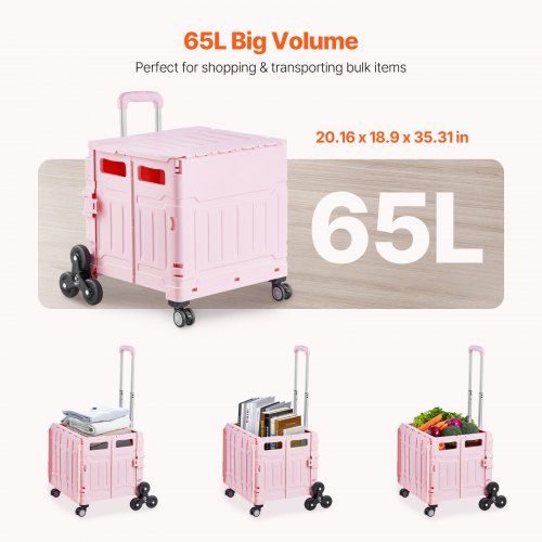 Foldable Utility Cart 65L Collapsible Portable Crate Rolling Cart with Stair