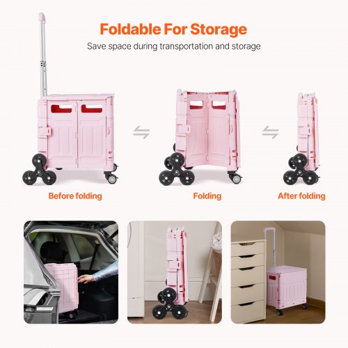 Foldable Utility Cart 65L Collapsible Portable Crate Rolling Cart with Stair