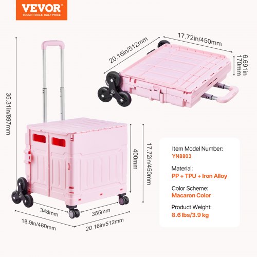 Foldable Utility Cart 65L Collapsible Portable Crate Rolling Cart with Stair