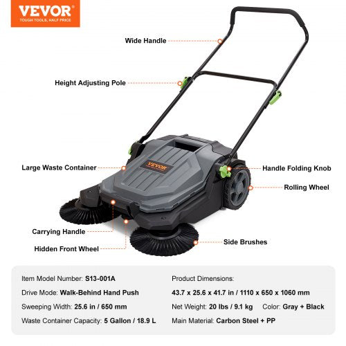 Walkbehind Hand Push Floor Sweeper 256 Sweeping Width Floor Sweeper