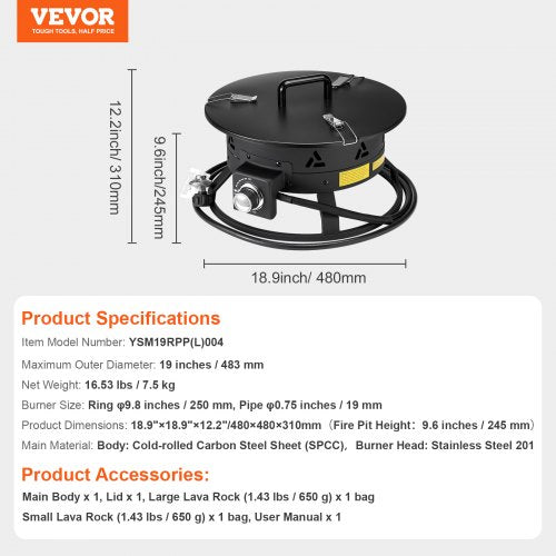 Propane Fire Pit 19Inch Diameter Outdoor Portable Gas Fire Pit with Cover