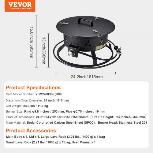 Propane Fire Pit 24Inch Diameter Outdoor Portable Gas Fire Pit with Cover