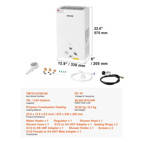 Portable Propane Water Heater 10L Tankless Outdoor Water Heater 68000 BTU