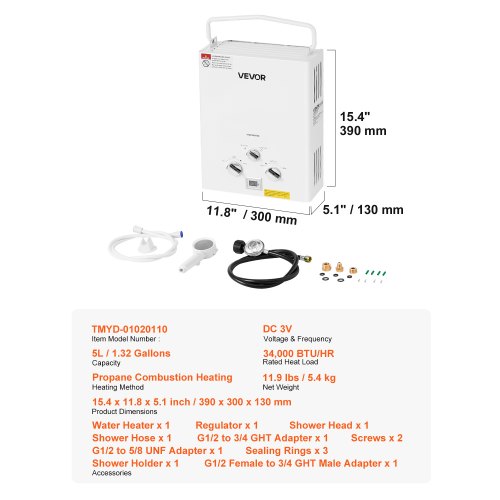Portable Propane Water Heater 5L Tankless Outdoor Water Heater 34000 BTU